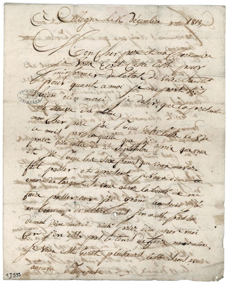 Letter from the soldier Yves Lucas to his parents, Cologne, 16 December 1813 — original scan, page 1